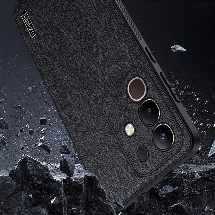 For vivo Y29 4G Case Wood Texture PU Leather Coated PC TPU Phone Cover - Grey
