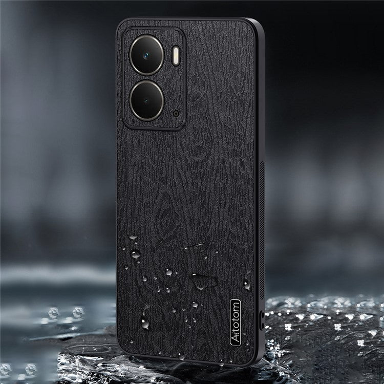 For Realme Neo7x 5G Case Wood Texture PU Leather Coated PC TPU Phone Cover - Blue