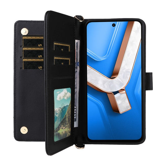 For vivo Y29 4G / T4x 5G Case with Shoulder Strap Wallet Leather Phone Cover - Black