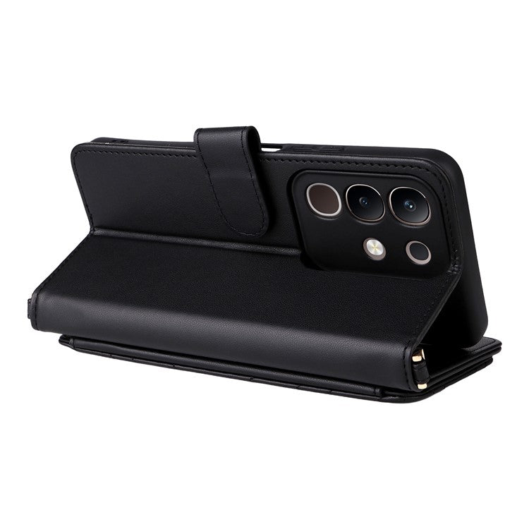 For vivo Y29 4G / T4x 5G Case with Shoulder Strap Wallet Leather Phone Cover - Black