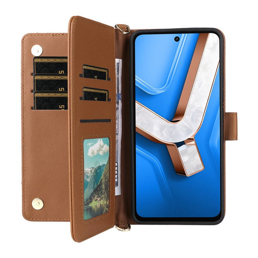 For vivo Y29 4G / T4x 5G Case with Shoulder Strap Wallet Leather Phone Cover - Brown