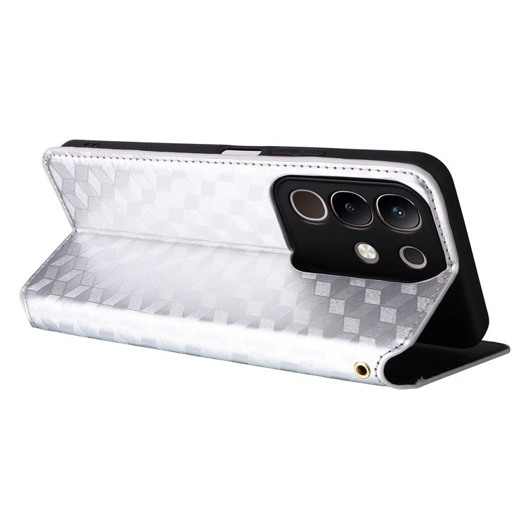 For vivo Y29 4G / T4x 5G Case Wallet Rhombus Imprinted Leather Phone Cover - Silver