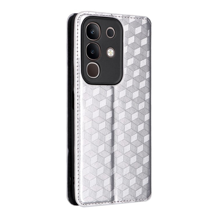 For vivo Y29 4G / T4x 5G Case Wallet Rhombus Imprinted Leather Phone Cover - Silver
