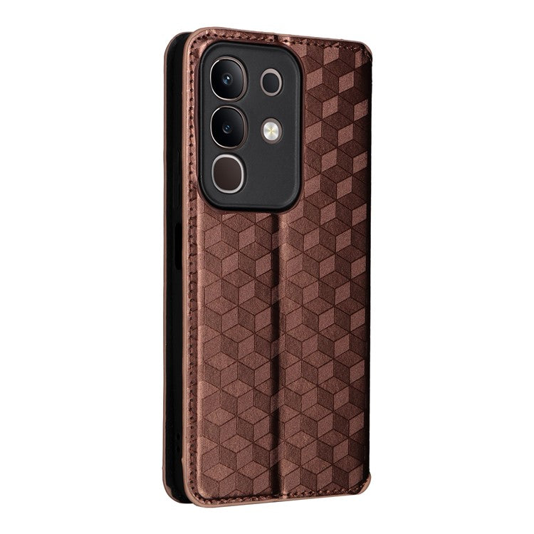 For vivo Y29 4G / T4x 5G Case Wallet Rhombus Imprinted Leather Phone Cover - Brown