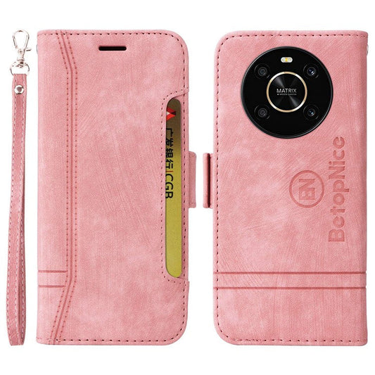 BETOPNICE 001 For Honor X9 4G / X9 5G / X30 5G / Magic4 Lite 5G / Magic4 Lite 4G Imprinted Stitching Line PU Leather Stand Wallet Case Shockproof Cover with Strap - Pink