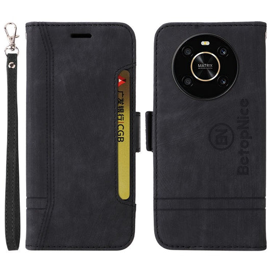 BETOPNICE 001 For Honor X9 4G / X9 5G / X30 5G / Magic4 Lite 5G / Magic4 Lite 4G Imprinted Stitching Line PU Leather Stand Wallet Case Shockproof Cover with Strap - Black
