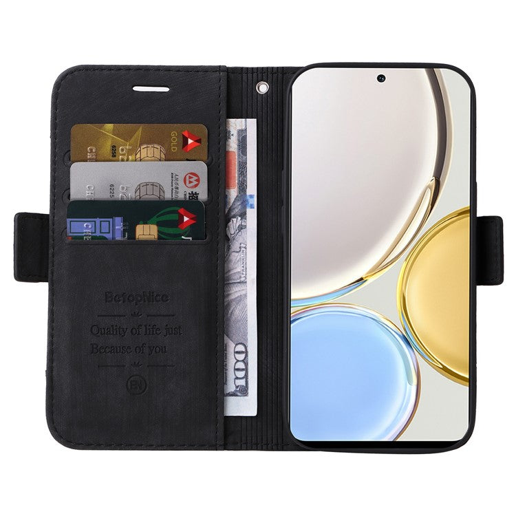 BETOPNICE 001 For Honor X9 4G / X9 5G / X30 5G / Magic4 Lite 5G / Magic4 Lite 4G Imprinted Stitching Line PU Leather Stand Wallet Case Shockproof Cover with Strap - Black