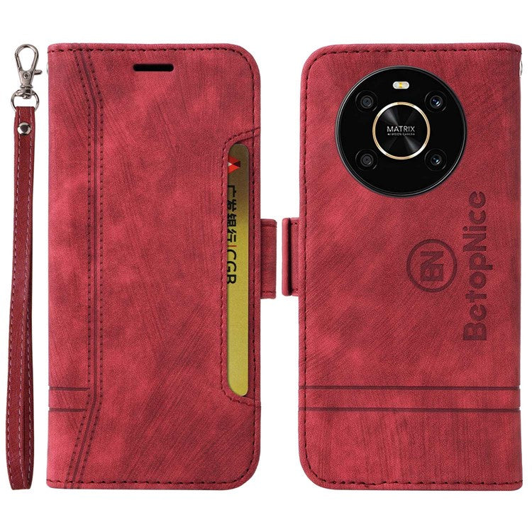 BETOPNICE 001 For Honor X9 4G / X9 5G / X30 5G / Magic4 Lite 5G / Magic4 Lite 4G Imprinted Stitching Line PU Leather Stand Wallet Case Shockproof Cover with Strap - Red