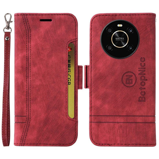 BETOPNICE 001 For Honor X9 4G / X9 5G / X30 5G / Magic4 Lite 5G / Magic4 Lite 4G Imprinted Stitching Line PU Leather Stand Wallet Case Shockproof Cover with Strap - Red