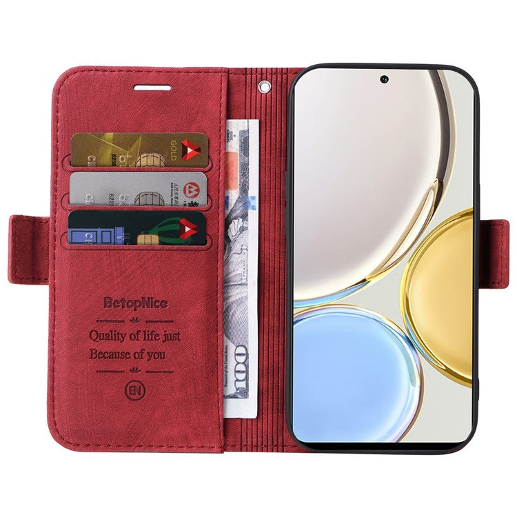 BETOPNICE 001 For Honor X9 4G / X9 5G / X30 5G / Magic4 Lite 5G / Magic4 Lite 4G Imprinted Stitching Line PU Leather Stand Wallet Case Shockproof Cover with Strap - Red