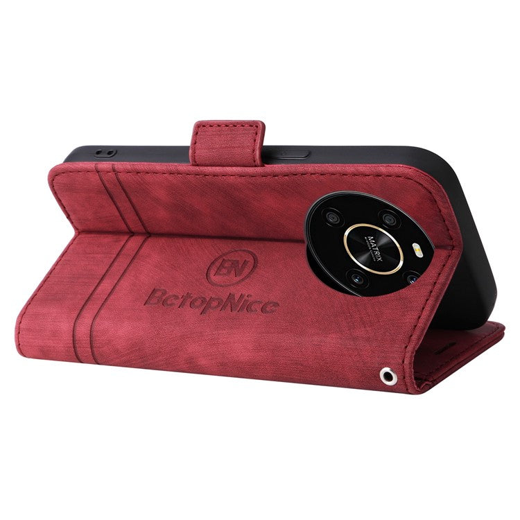 BETOPNICE 001 For Honor X9 4G / X9 5G / X30 5G / Magic4 Lite 5G / Magic4 Lite 4G Imprinted Stitching Line PU Leather Stand Wallet Case Shockproof Cover with Strap - Red