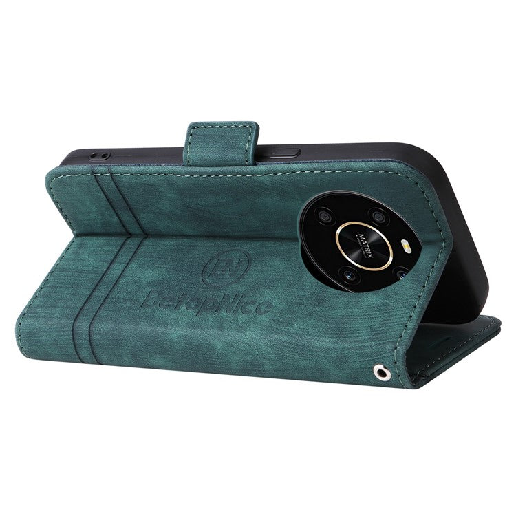 BETOPNICE 001 For Honor X9 4G / X9 5G / X30 5G / Magic4 Lite 5G / Magic4 Lite 4G Imprinted Stitching Line PU Leather Stand Wallet Case Shockproof Cover with Strap - Green