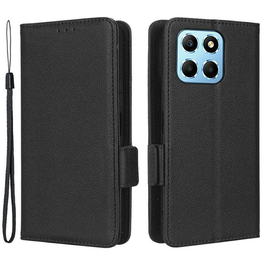 For Honor X8 5G Litchi Texture PU Leather Wallet Case Stand Feature Dual Magnetic Clasp Protective Shockproof Phone Cover - Black
