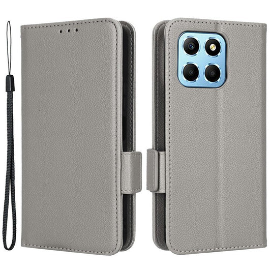 For Honor X8 5G Litchi Texture PU Leather Wallet Case Stand Feature Dual Magnetic Clasp Protective Shockproof Phone Cover - Grey
