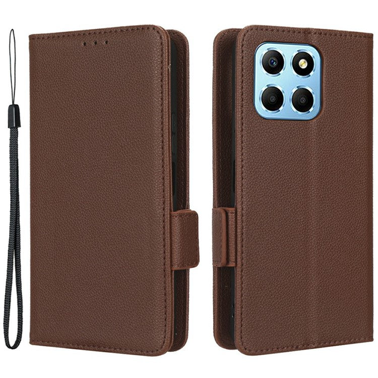 For Honor X8 5G Litchi Texture PU Leather Wallet Case Stand Feature Dual Magnetic Clasp Protective Shockproof Phone Cover - Brown