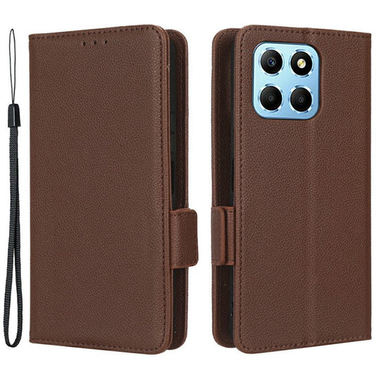 For Honor X8 5G Litchi Texture PU Leather Wallet Case Stand Feature Dual Magnetic Clasp Protective Shockproof Phone Cover - Brown