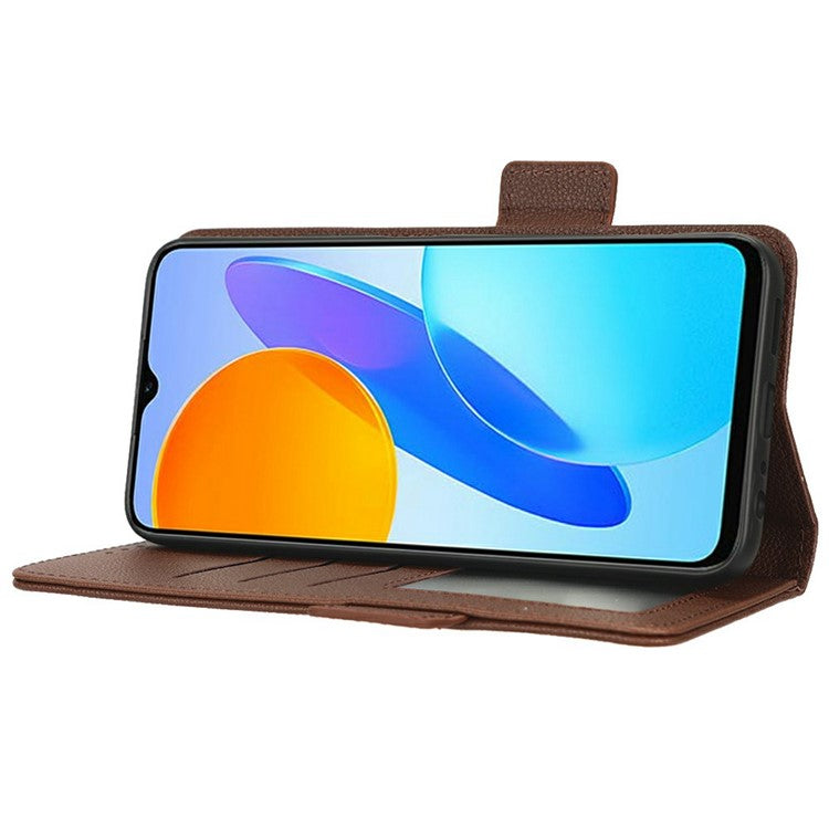 For Honor X8 5G Litchi Texture PU Leather Wallet Case Stand Feature Dual Magnetic Clasp Protective Shockproof Phone Cover - Brown