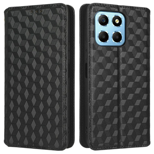 For Honor X8 5G PU Leather Flip Cover Imprinted Rhombus Pattern Magnetic Auto-absorbed Stand Wallet Phone Case - Black