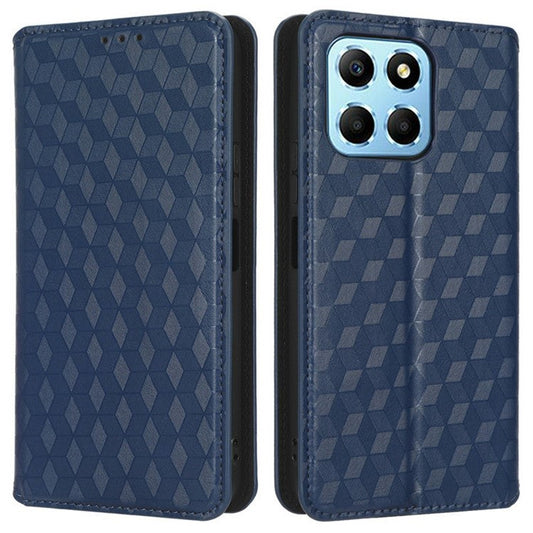 For Honor X8 5G PU Leather Flip Cover Imprinted Rhombus Pattern Magnetic Auto-absorbed Stand Wallet Phone Case - Blue