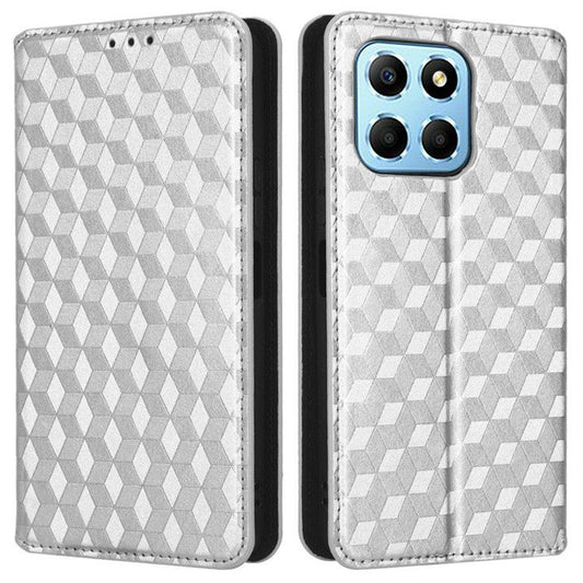 For Honor X8 5G PU Leather Flip Cover Imprinted Rhombus Pattern Magnetic Auto-absorbed Stand Wallet Phone Case - Silver