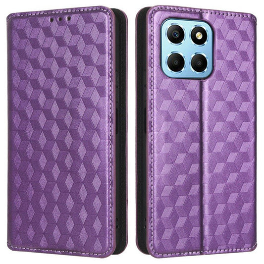 For Honor X8 5G PU Leather Flip Cover Imprinted Rhombus Pattern Magnetic Auto-absorbed Stand Wallet Phone Case - Purple