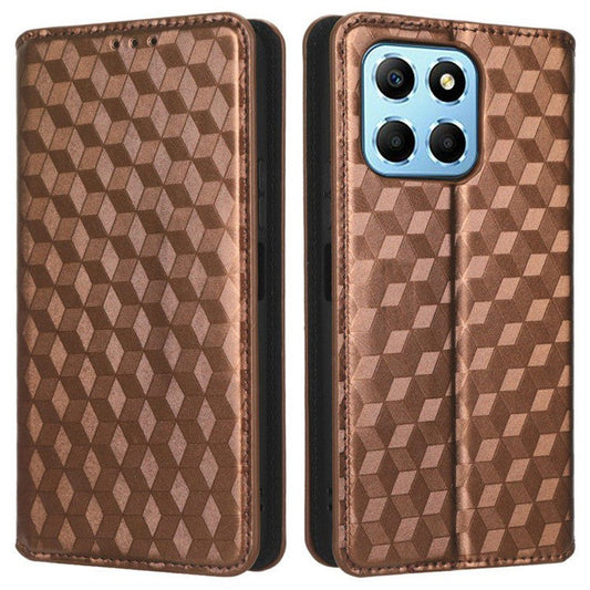 For Honor X8 5G PU Leather Flip Cover Imprinted Rhombus Pattern Magnetic Auto-absorbed Stand Wallet Phone Case - Brown