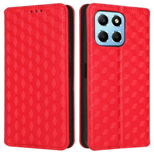 For Honor X8 5G PU Leather Flip Cover Imprinted Rhombus Pattern Magnetic Auto-absorbed Stand Wallet Phone Case - Red