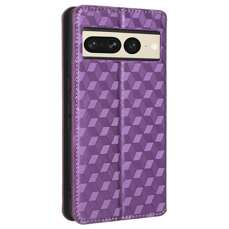 Anti-scratch Phone Case For Google Pixel 7 Pro 5G, Magnetic Auto Closing Phone Shell Stand Imprinted Rhombus Pattern PU Leather Flip Wallet Cover - Purple