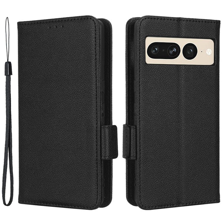 Litchi Texture Phone Cover for Google Pixel 7 Pro 5G, PU Leather Dual Magnetic Clasp Shockproof Phone Case Wallet Stand - Black
