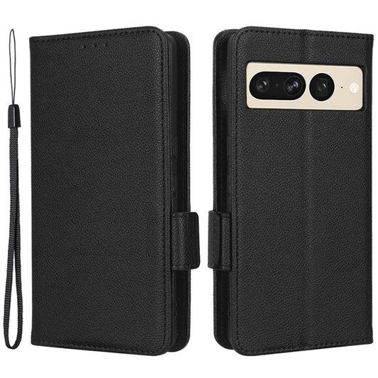 Litchi Texture Phone Cover for Google Pixel 7 Pro 5G, PU Leather Dual Magnetic Clasp Shockproof Phone Case Wallet Stand - Black