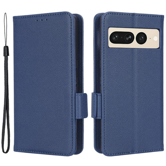 Litchi Texture Phone Cover for Google Pixel 7 Pro 5G, PU Leather Dual Magnetic Clasp Shockproof Phone Case Wallet Stand - Dark Blue