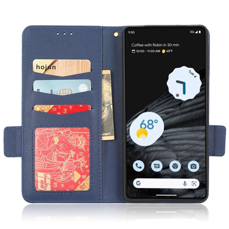 Litchi Texture Phone Cover for Google Pixel 7 Pro 5G, PU Leather Dual Magnetic Clasp Shockproof Phone Case Wallet Stand - Dark Blue