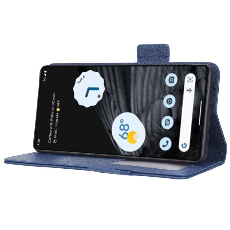 Litchi Texture Phone Cover for Google Pixel 7 Pro 5G, PU Leather Dual Magnetic Clasp Shockproof Phone Case Wallet Stand - Dark Blue