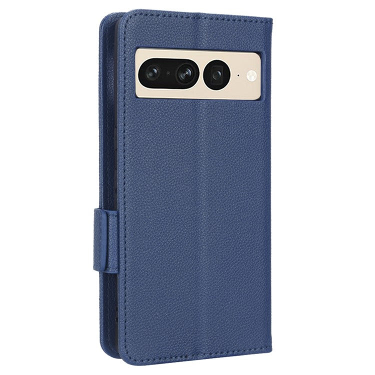 Litchi Texture Phone Cover for Google Pixel 7 Pro 5G, PU Leather Dual Magnetic Clasp Shockproof Phone Case Wallet Stand - Dark Blue