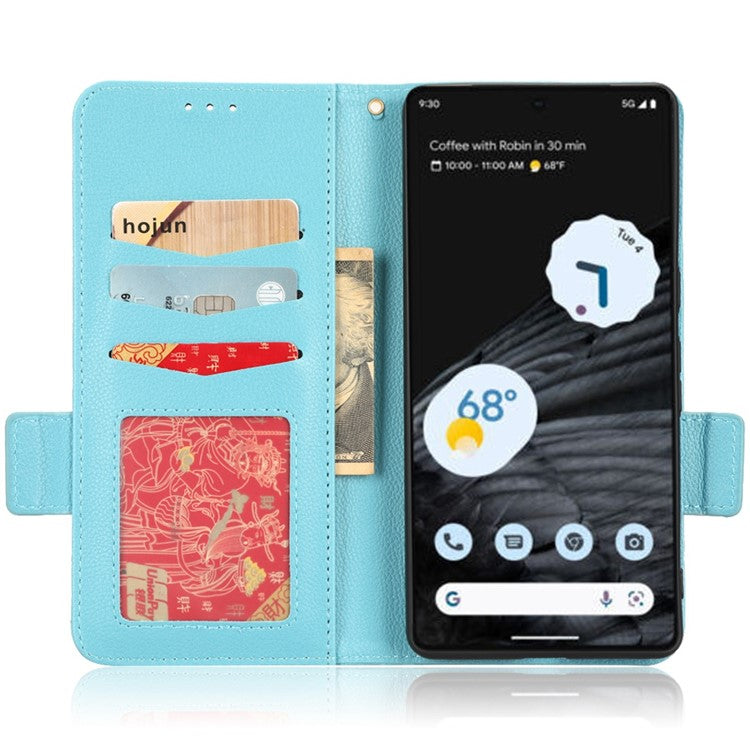 Litchi Texture Phone Cover for Google Pixel 7 Pro 5G, PU Leather Dual Magnetic Clasp Shockproof Phone Case Wallet Stand - Baby Blue