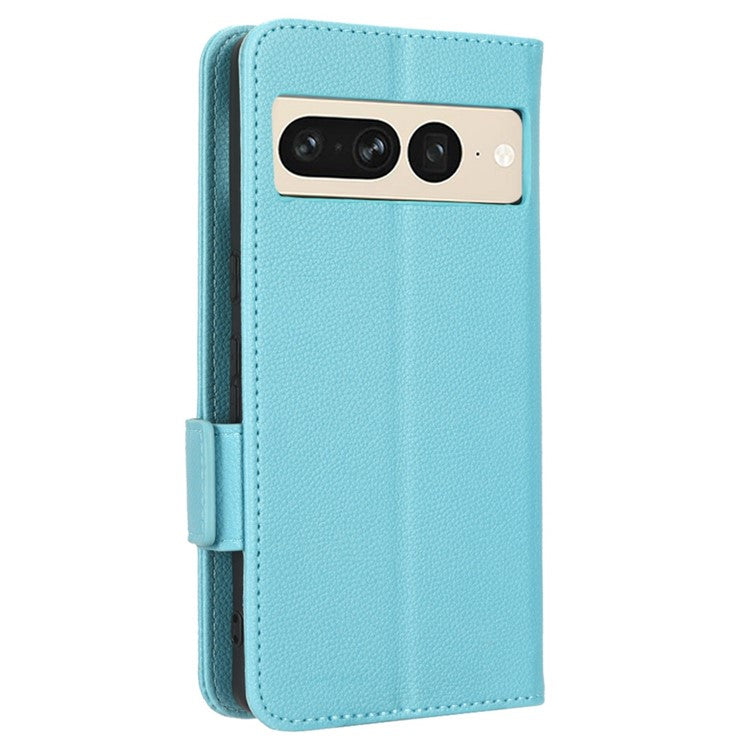 Litchi Texture Phone Cover for Google Pixel 7 Pro 5G, PU Leather Dual Magnetic Clasp Shockproof Phone Case Wallet Stand - Baby Blue