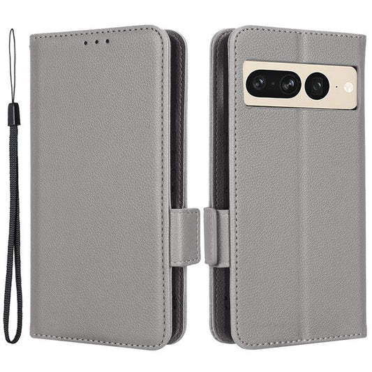 Litchi Texture Phone Cover for Google Pixel 7 Pro 5G, PU Leather Dual Magnetic Clasp Shockproof Phone Case Wallet Stand - Grey