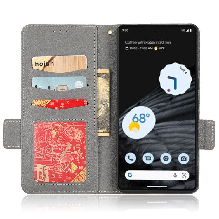 Litchi Texture Phone Cover for Google Pixel 7 Pro 5G, PU Leather Dual Magnetic Clasp Shockproof Phone Case Wallet Stand - Grey