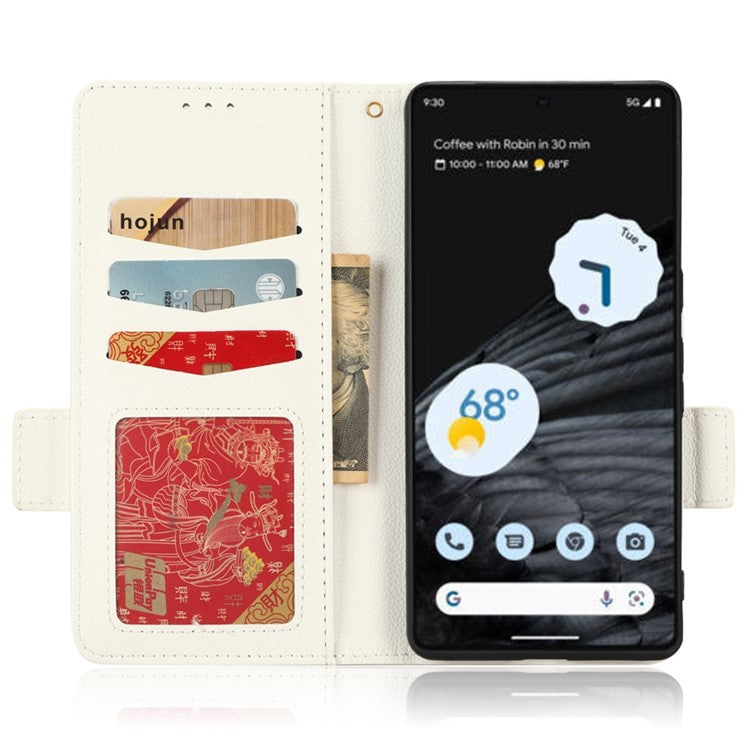 Litchi Texture Phone Cover for Google Pixel 7 Pro 5G, PU Leather Dual Magnetic Clasp Shockproof Phone Case Wallet Stand - White