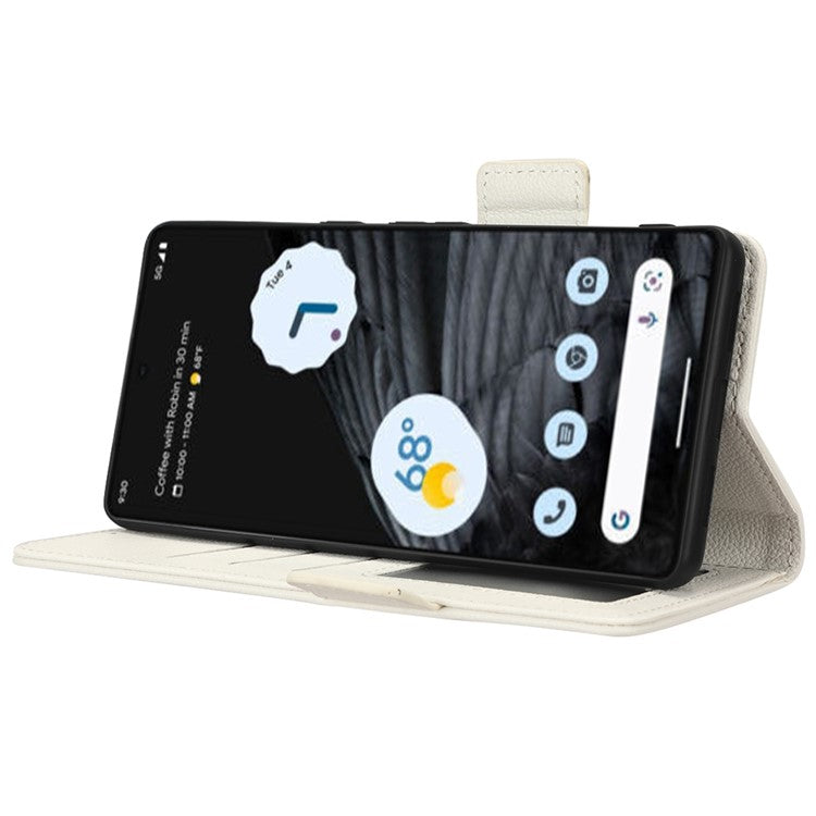 Litchi Texture Phone Cover for Google Pixel 7 Pro 5G, PU Leather Dual Magnetic Clasp Shockproof Phone Case Wallet Stand - White
