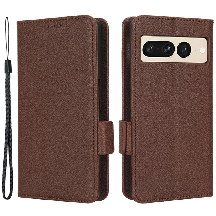 Litchi Texture Phone Cover for Google Pixel 7 Pro 5G, PU Leather Dual Magnetic Clasp Shockproof Phone Case Wallet Stand - Brown
