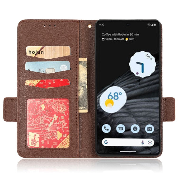 Litchi Texture Phone Cover for Google Pixel 7 Pro 5G, PU Leather Dual Magnetic Clasp Shockproof Phone Case Wallet Stand - Brown