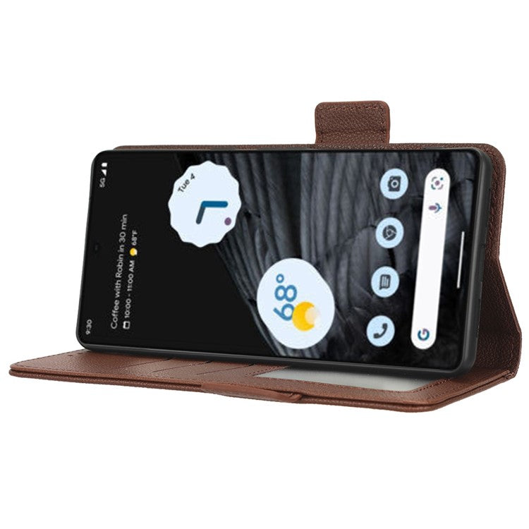 Litchi Texture Phone Cover for Google Pixel 7 Pro 5G, PU Leather Dual Magnetic Clasp Shockproof Phone Case Wallet Stand - Brown