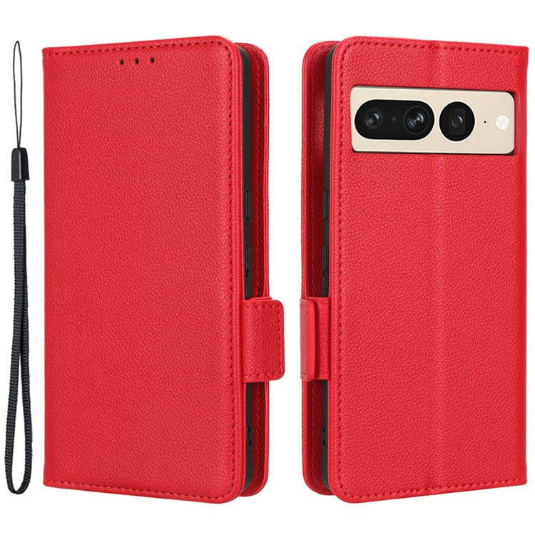 Litchi Texture Phone Cover for Google Pixel 7 Pro 5G, PU Leather Dual Magnetic Clasp Shockproof Phone Case Wallet Stand - Red