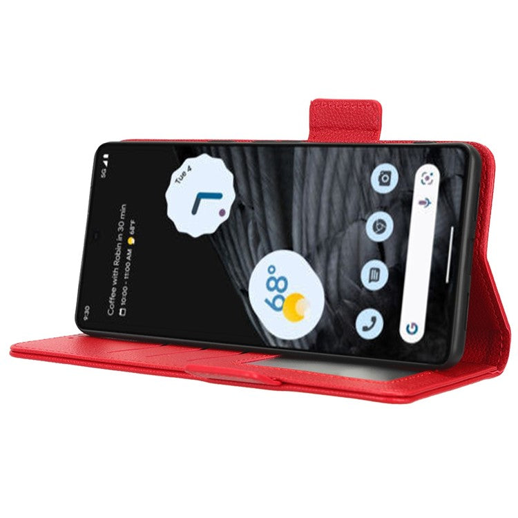 Litchi Texture Phone Cover for Google Pixel 7 Pro 5G, PU Leather Dual Magnetic Clasp Shockproof Phone Case Wallet Stand - Red