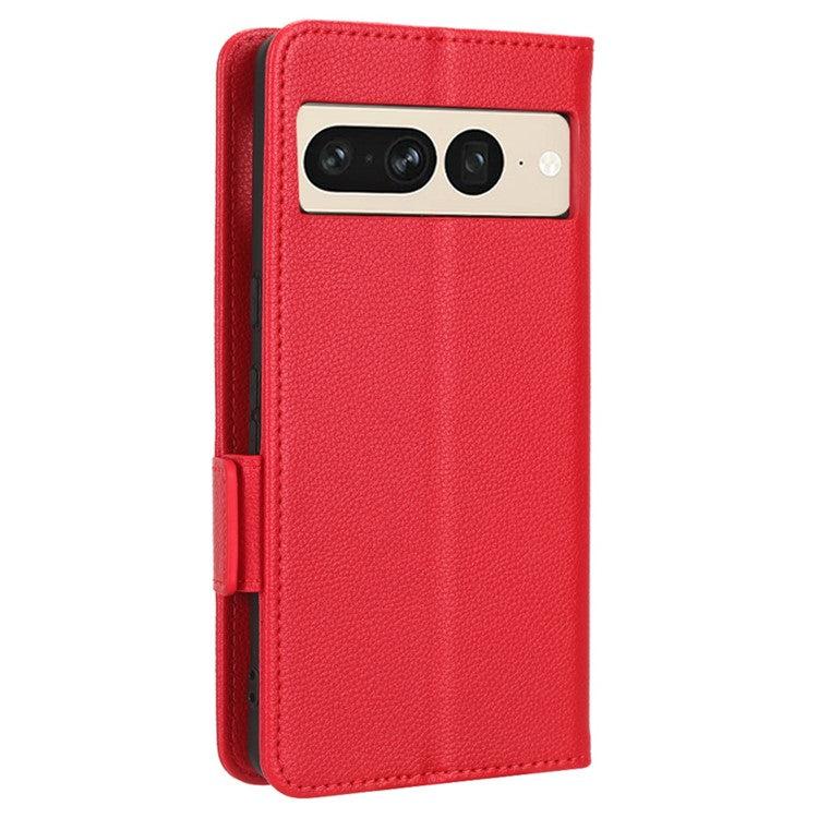 Litchi Texture Phone Cover for Google Pixel 7 Pro 5G, PU Leather Dual Magnetic Clasp Shockproof Phone Case Wallet Stand - Red