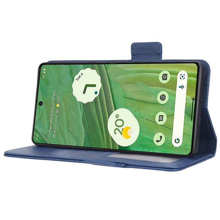 Drop-proof Phone Cover for Google Pixel 7 5G, Full Protection PU Leather Dual Magnetic Clasp Phone Case with Wallet Stand - Dark Blue