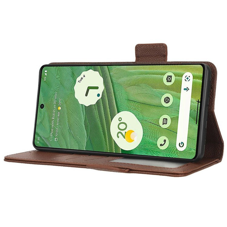Drop-proof Phone Cover for Google Pixel 7 5G, Full Protection PU Leather Dual Magnetic Clasp Phone Case with Wallet Stand - Brown