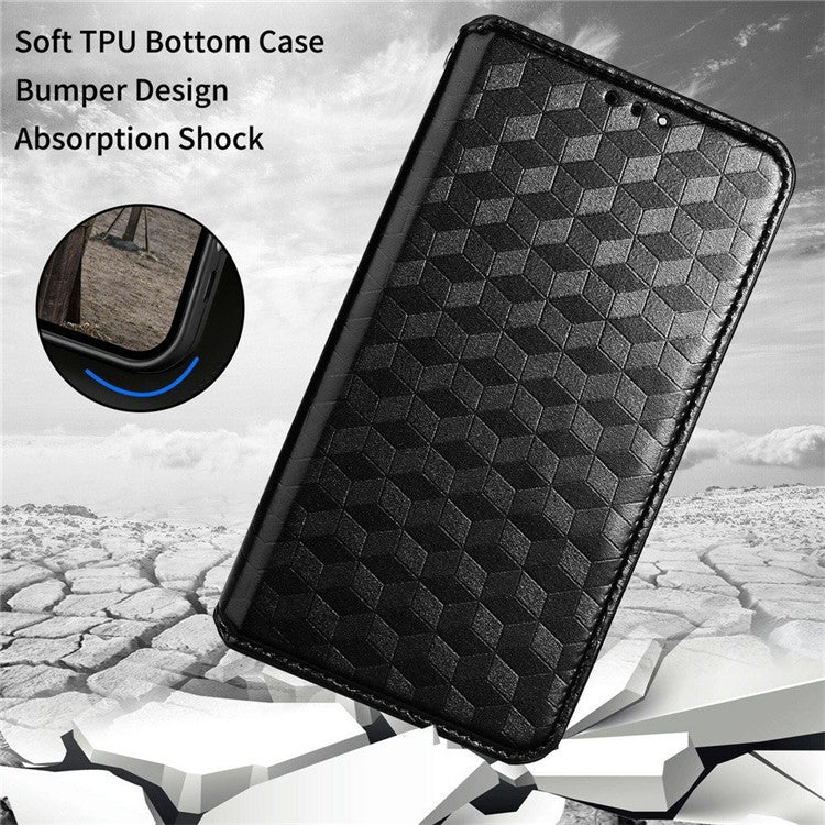For Google Pixel 7 5G Anti-scratch Phone Case Stand Magnetic Auto Closing Imprinted Rhombus Pattern PU Leather Flip Wallet Cover - Black