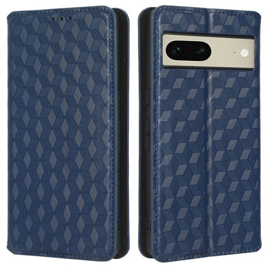 For Google Pixel 7 5G Anti-scratch Phone Case Stand Magnetic Auto Closing Imprinted Rhombus Pattern PU Leather Flip Wallet Cover - Blue